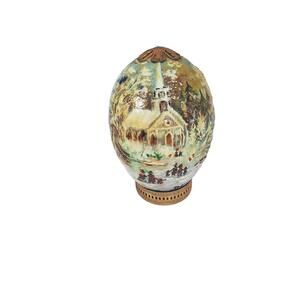 Hand Painted Ostrich Egg Winter Church Snow Deer Scene Signed Pauline Ring Stand